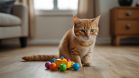 Cat playing with colorful toy
